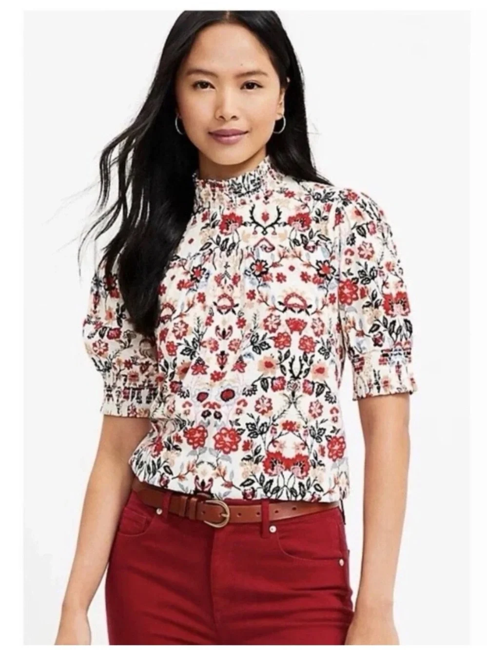 Ann Taylor LOFT Cottage Floral Smocked Mock Neck Puff Sleeve Shirt Red XS